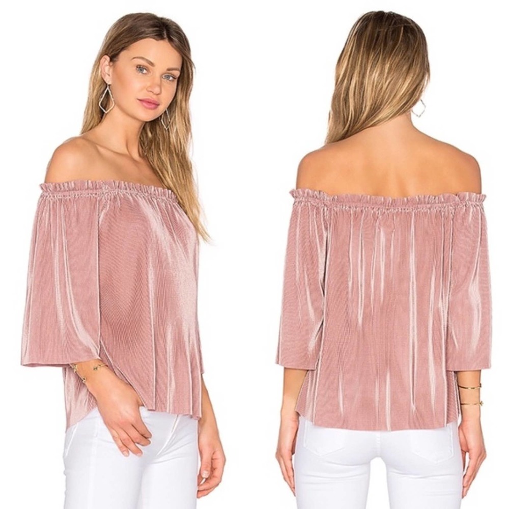 Anthro J.O.A. Felicity Ruffle Pleated Off Shouler Blouse Shiny NYE